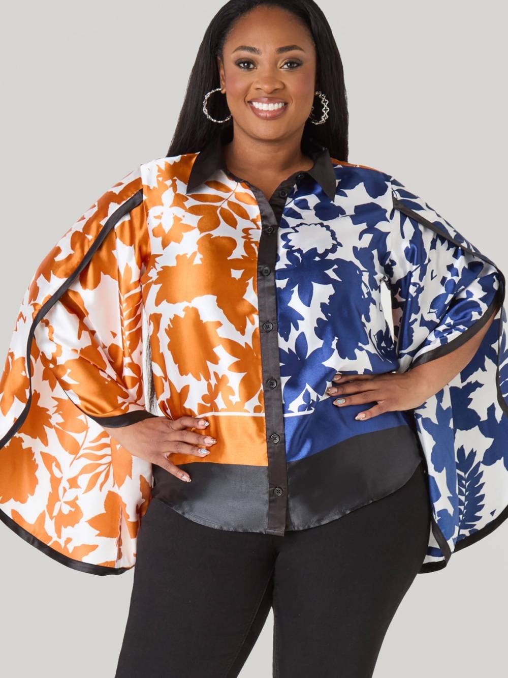 Brand New Ashley Stewart Colorblock Floral Satin Button-Up Blouse Size 22 - Picture 3 of 15